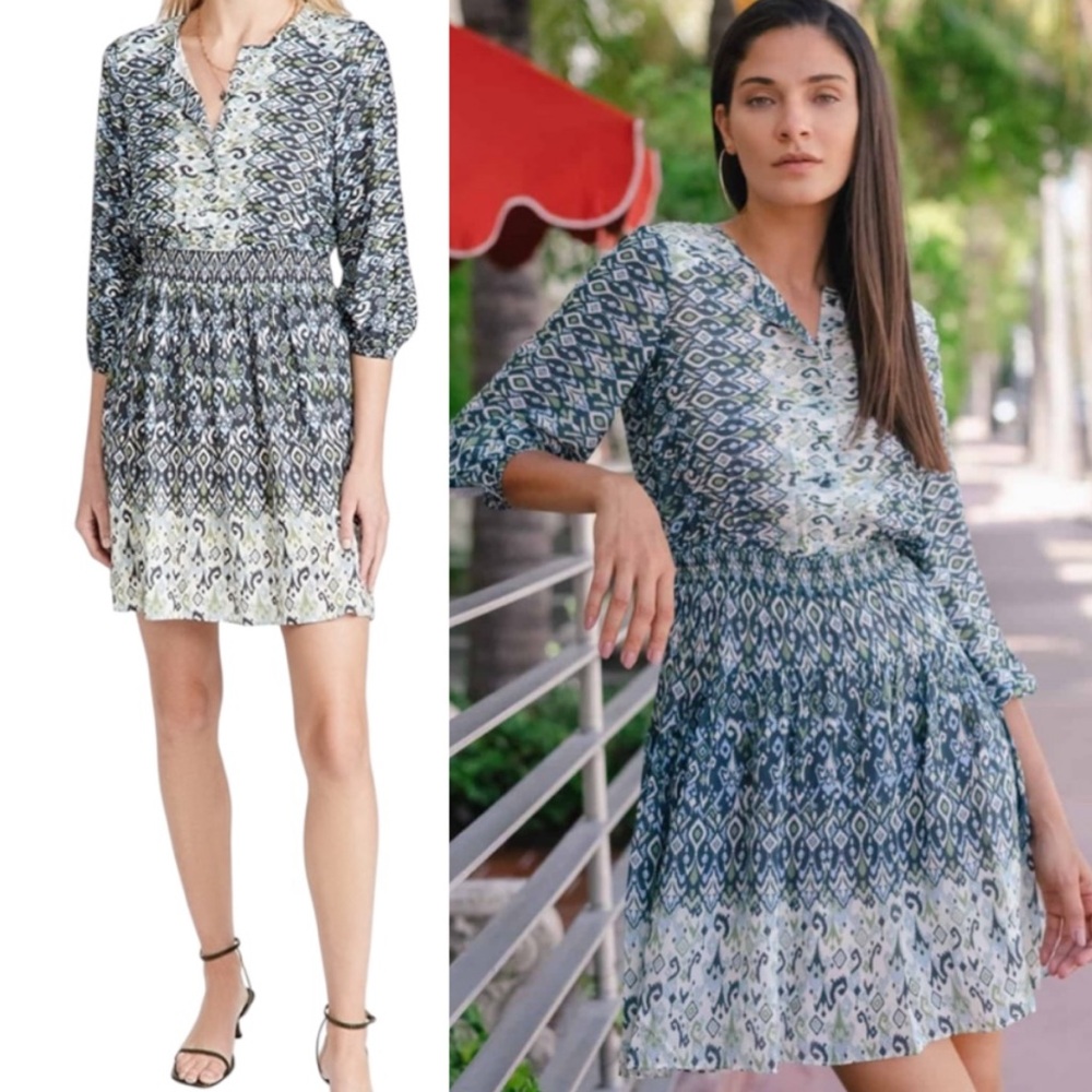 Shoshanna Mirza Bohemian Smocked Blouson Mini Dress in Blue/Green/Ivory - 8